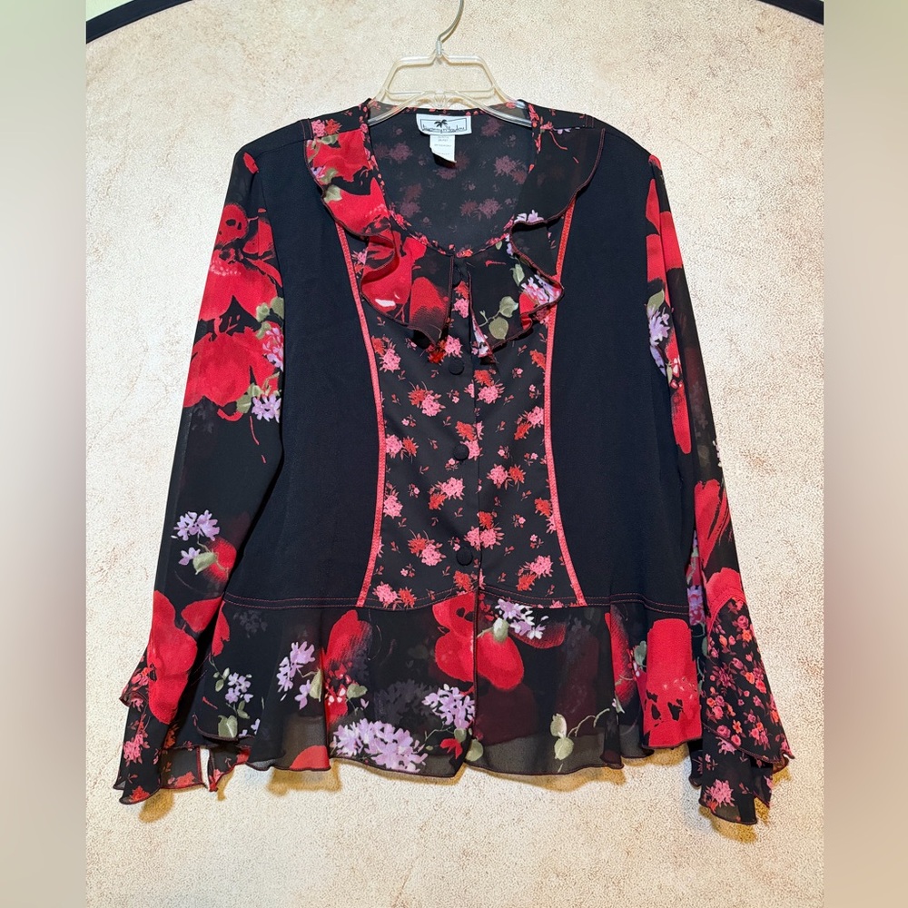 Elegant Floral Ruffle Blouse - Black and Red
